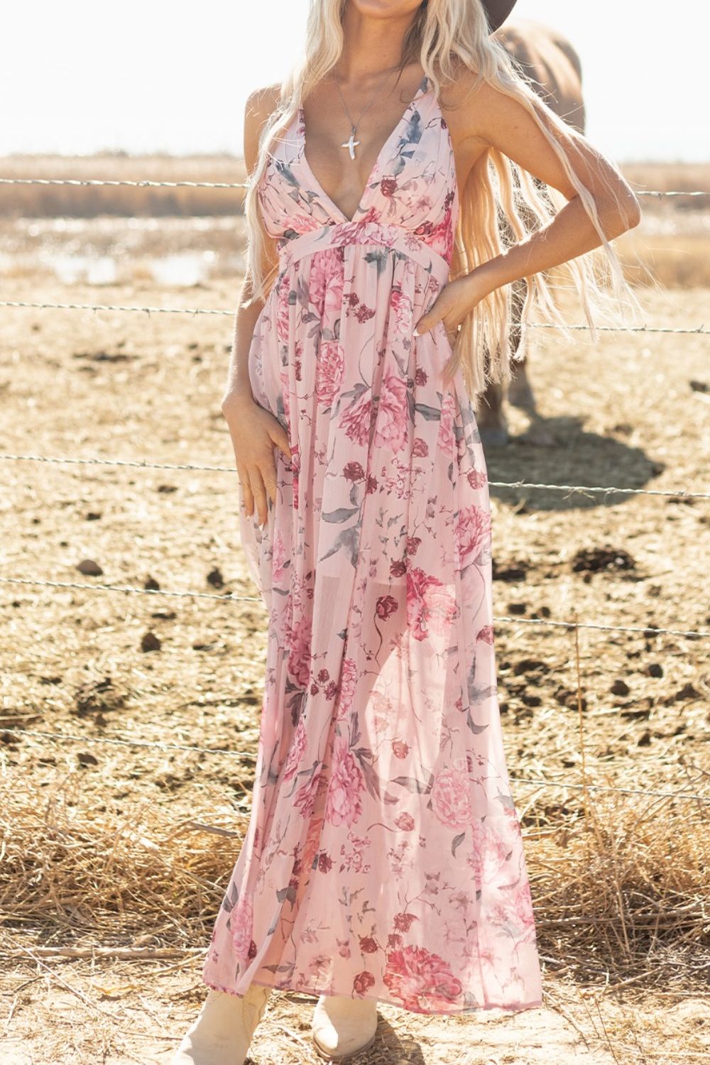 Floral Pleated Deep V Backless Maxi Dress - The Goddess Galleries