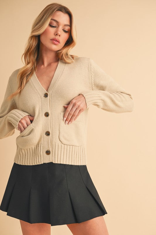 Aemi + Co Ribbed Hem Button Down V-Neck Cardigan - The Goddess Galleries