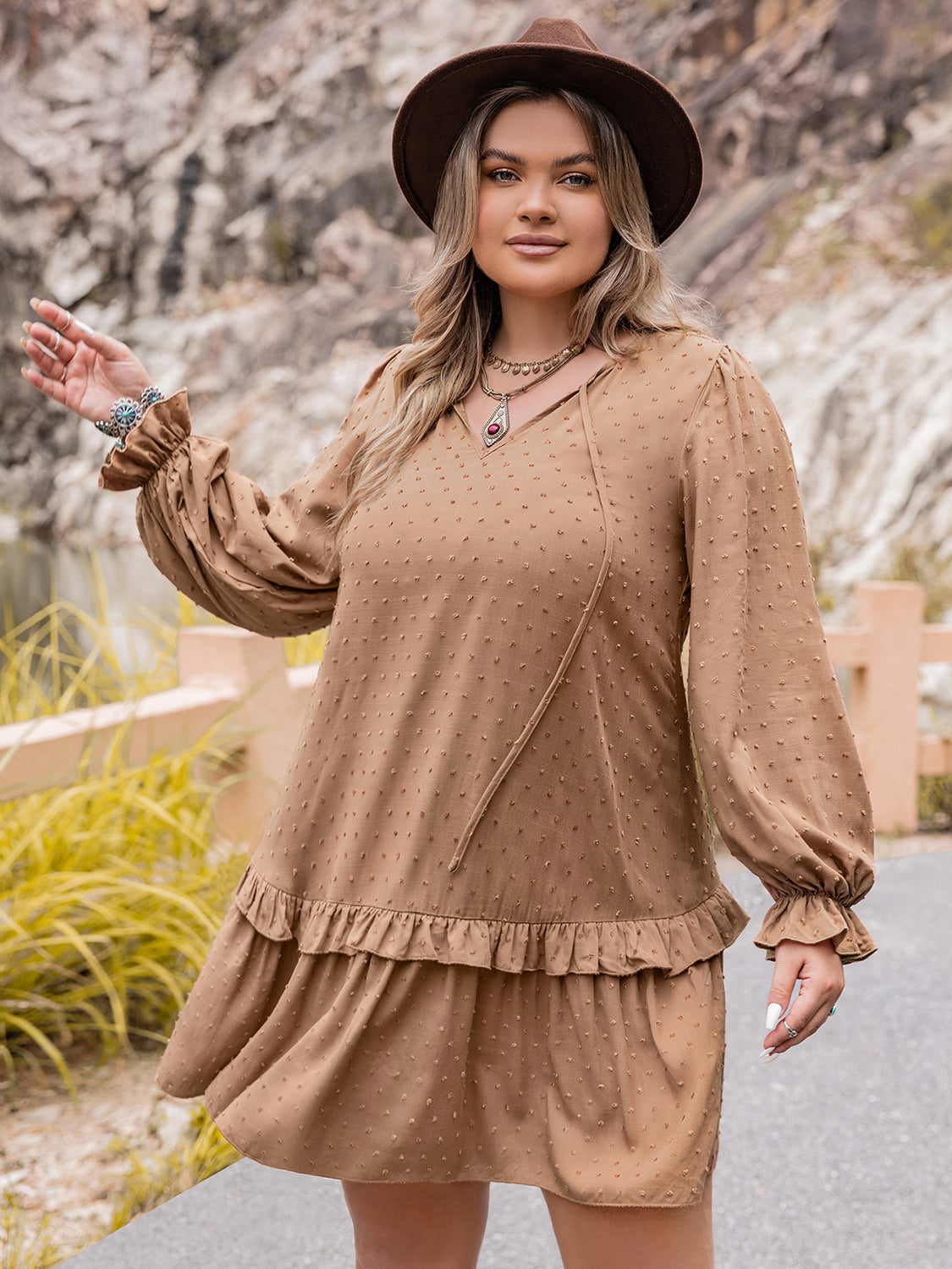 Plus Size Dot Flounce Sleeve Mini Dress - The Goddess Galleries