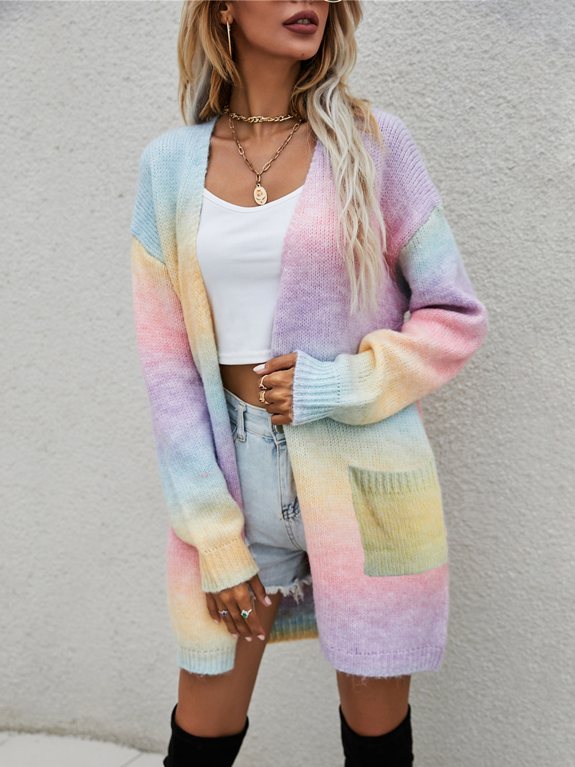 Angel Wings Full Size Pocketed Open Front Gradient Cardigan - The Goddess Galleries