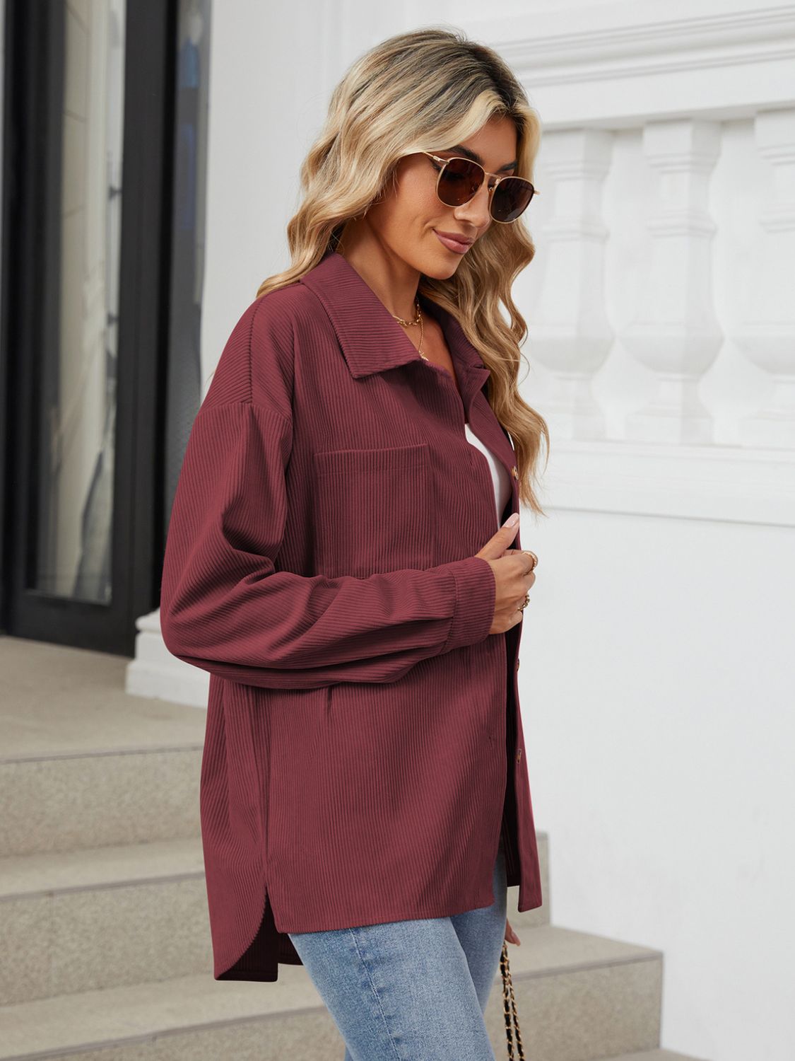 Button Up Long Sleeve Shirt with Breast Pockets - The Goddess Galleries