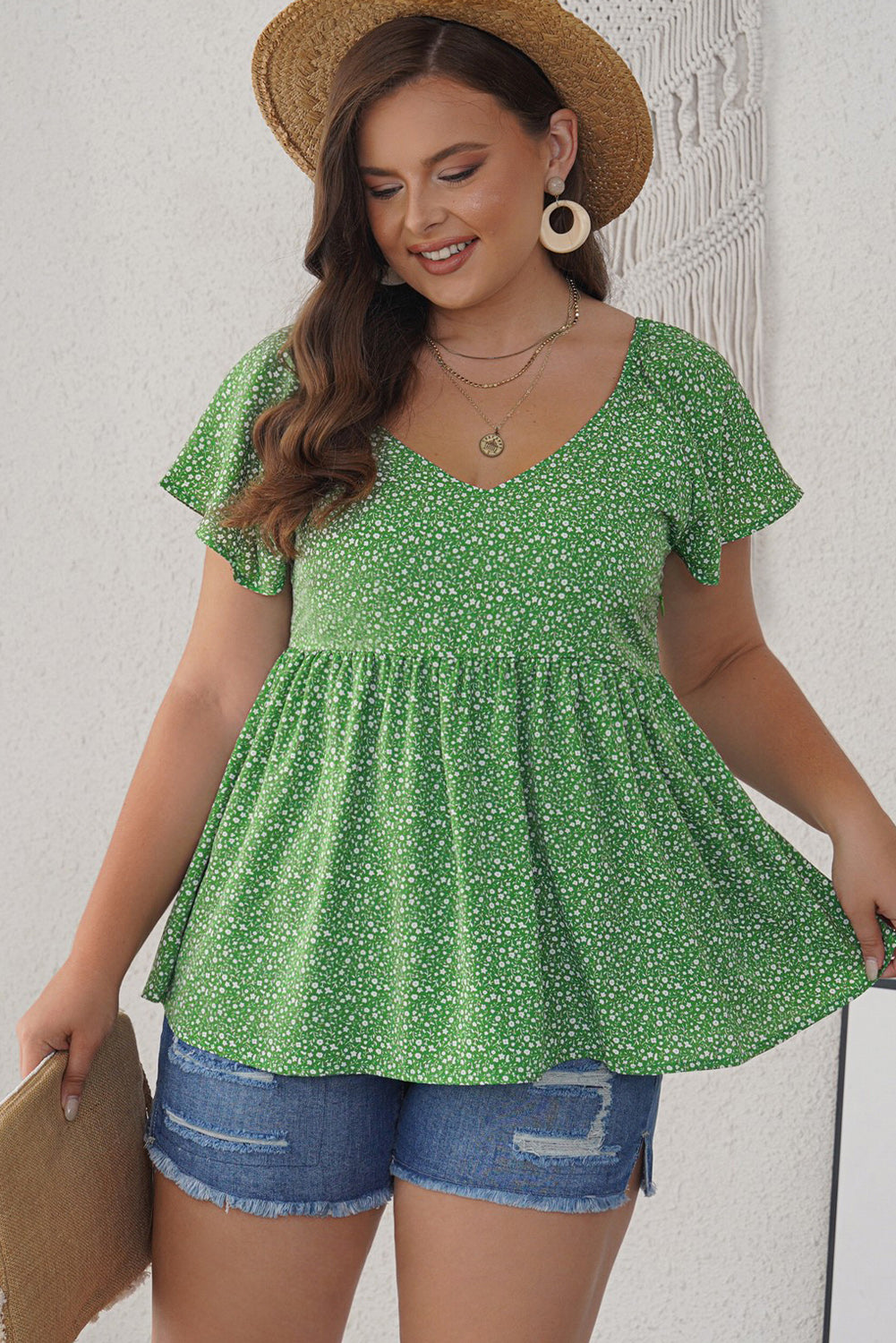 Ditsy Floral Flutter Sleeve Peplum Blouse - The Goddess Galleries