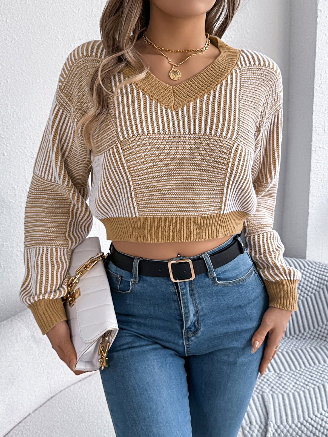 Striped V-Neck Long Sleeve Sweater - The Goddess Galleries