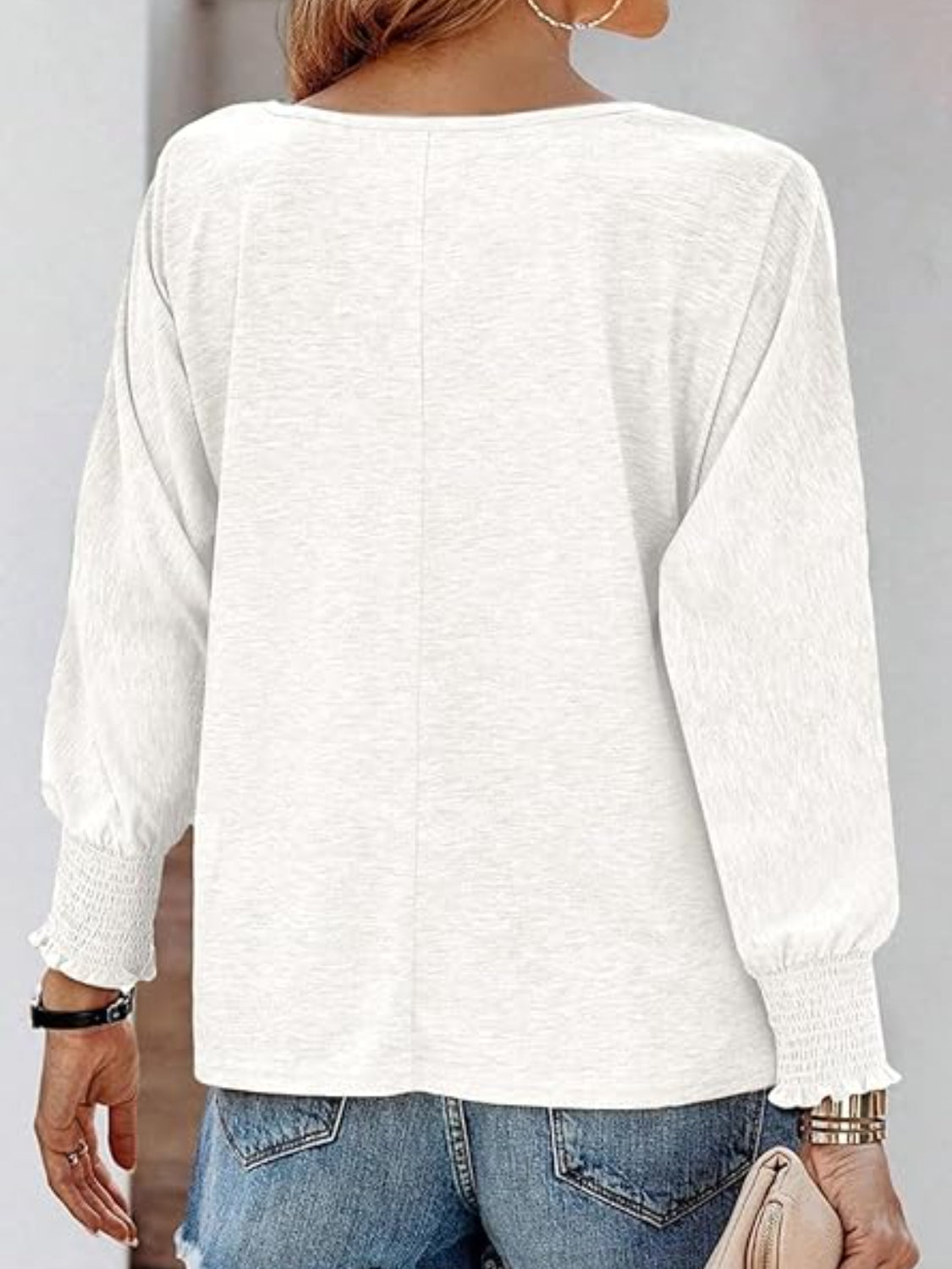 Round Neck Smocked Lantern Sleeve T-Shirt - The Goddess Galleries