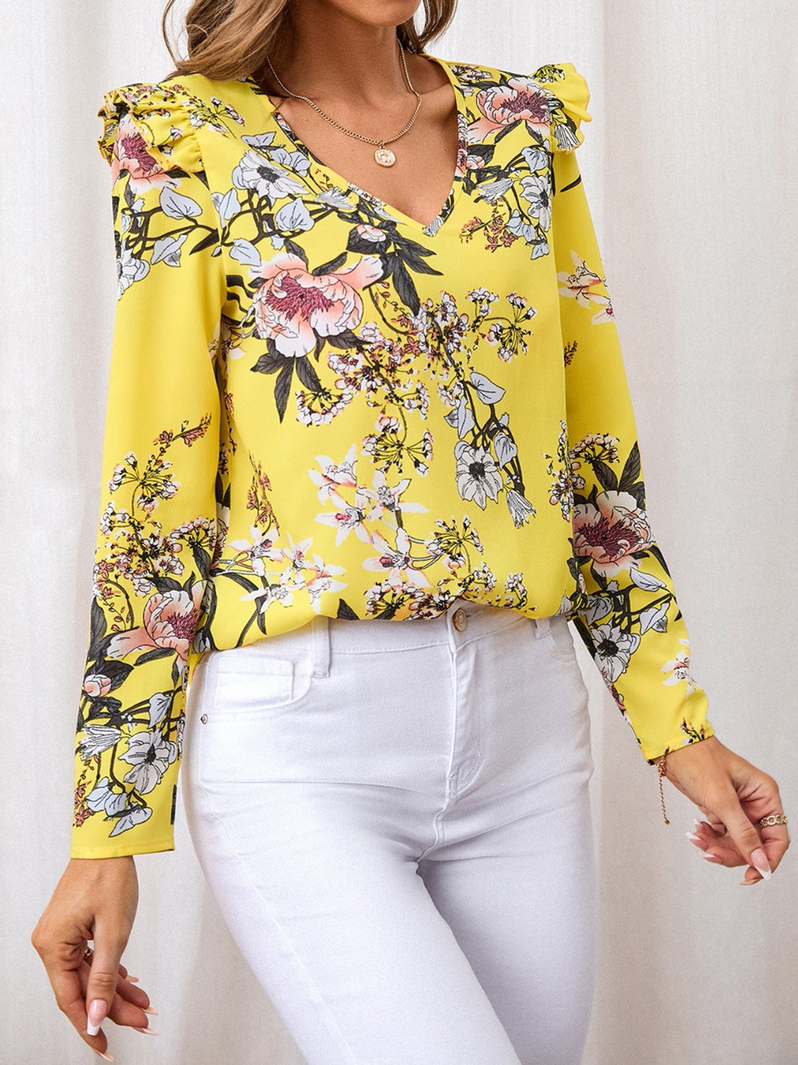 Ruffled Printed V-Neck Long Sleeve Blouse - The Goddess Galleries