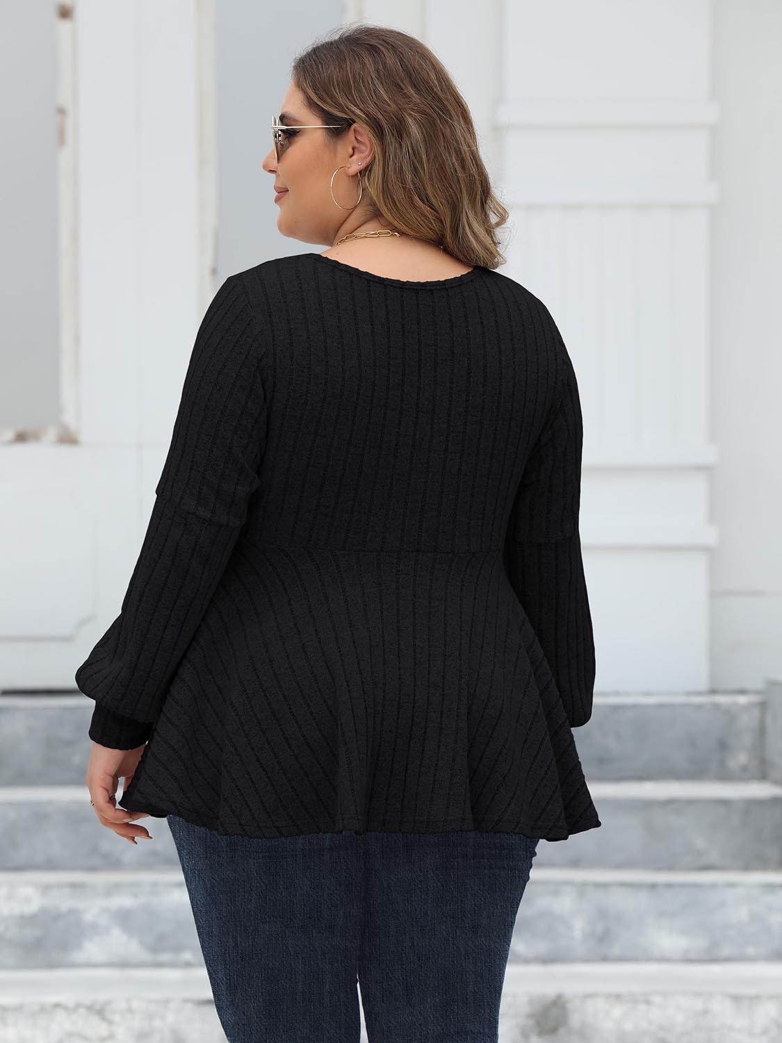 Plus Size Ribbed V-Neck Long Sleeve Blouse - The Goddess Galleries