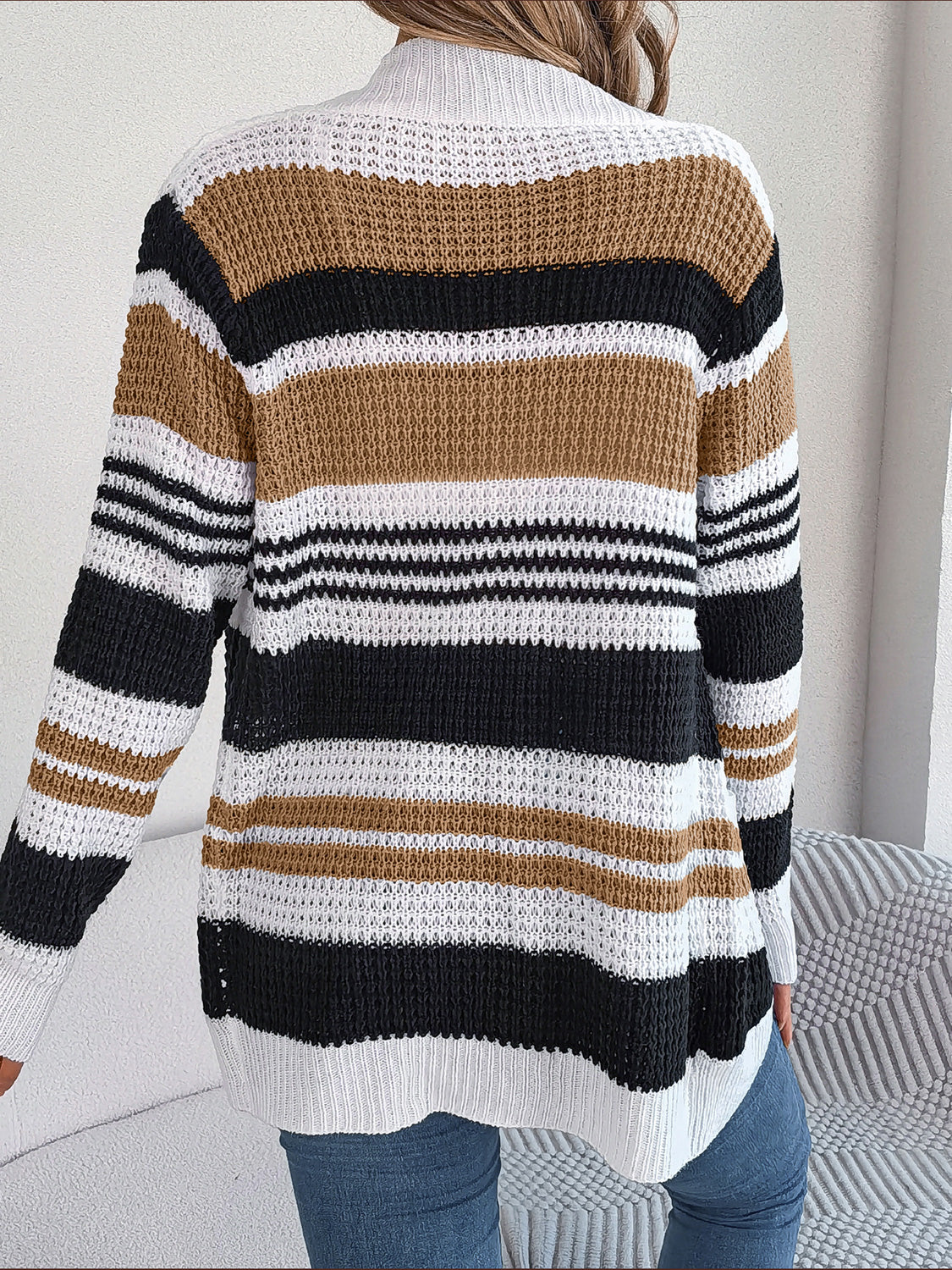 Striped Open Front Long Sleeve Cardigan - The Goddess Galleries