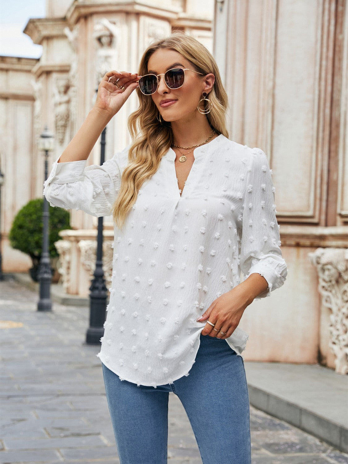 Swiss Dot Notched Neck Blouse - The Goddess Galleries