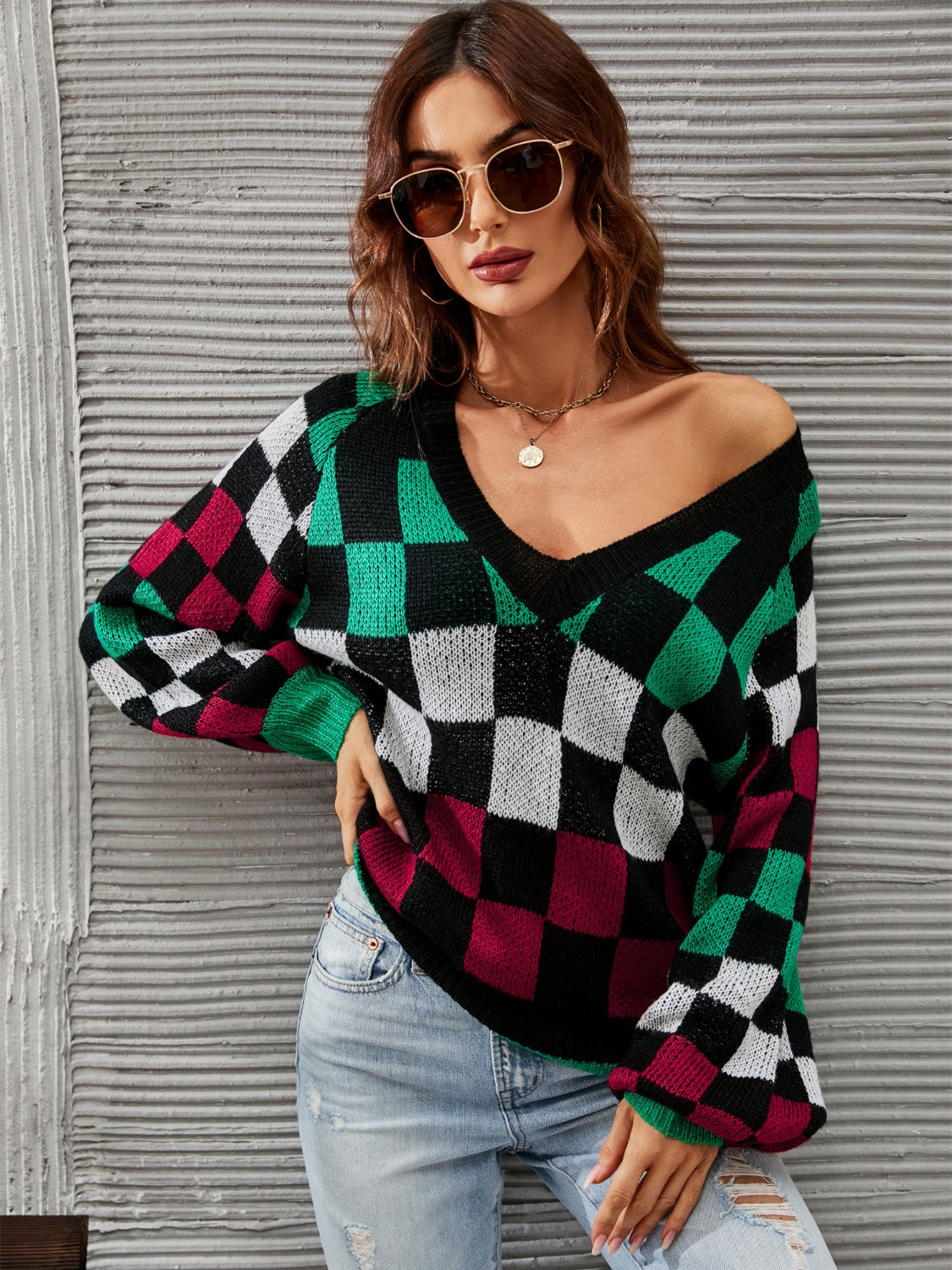 Angel Wings Checkered V-Neck Lantern Sleeve Sweater - The Goddess Galleries