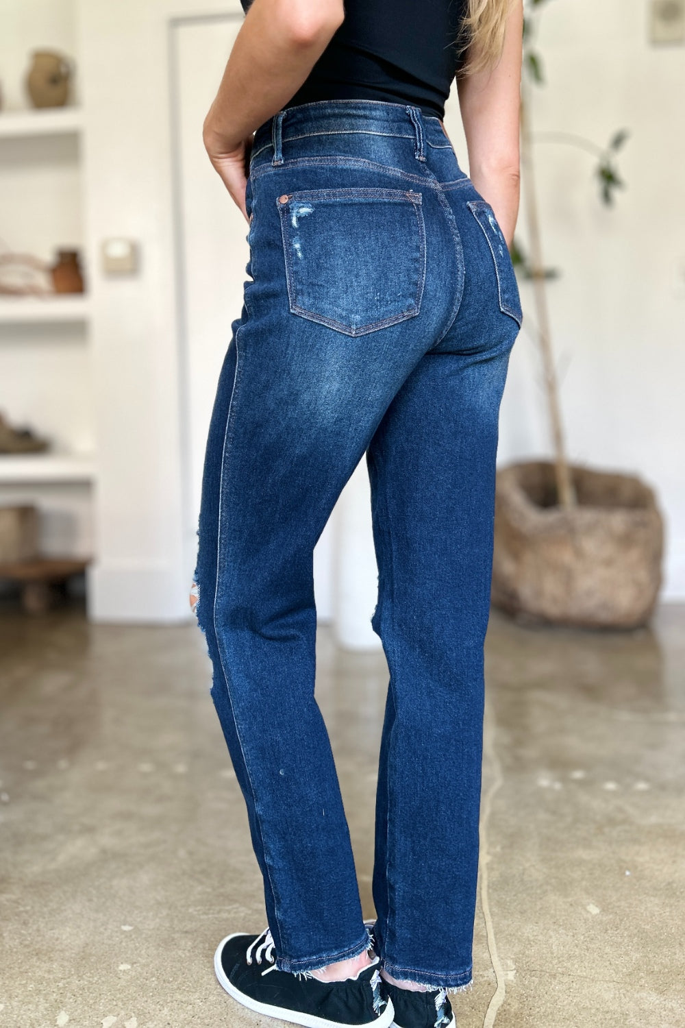 Judy Blue Full Size High Waist Rigid Magic Heavy Destroy Straight Jeans - The Goddess Galleries