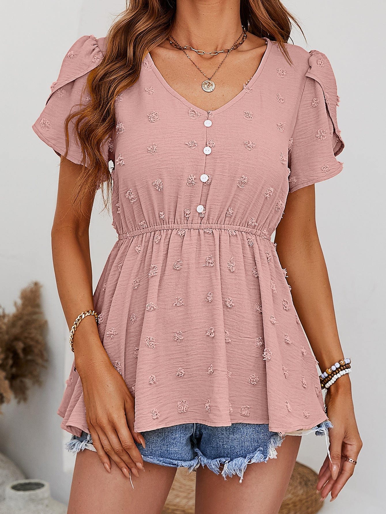Swiss Dot Buttoned Petal Sleeve Peplum Blouse - The Goddess Galleries