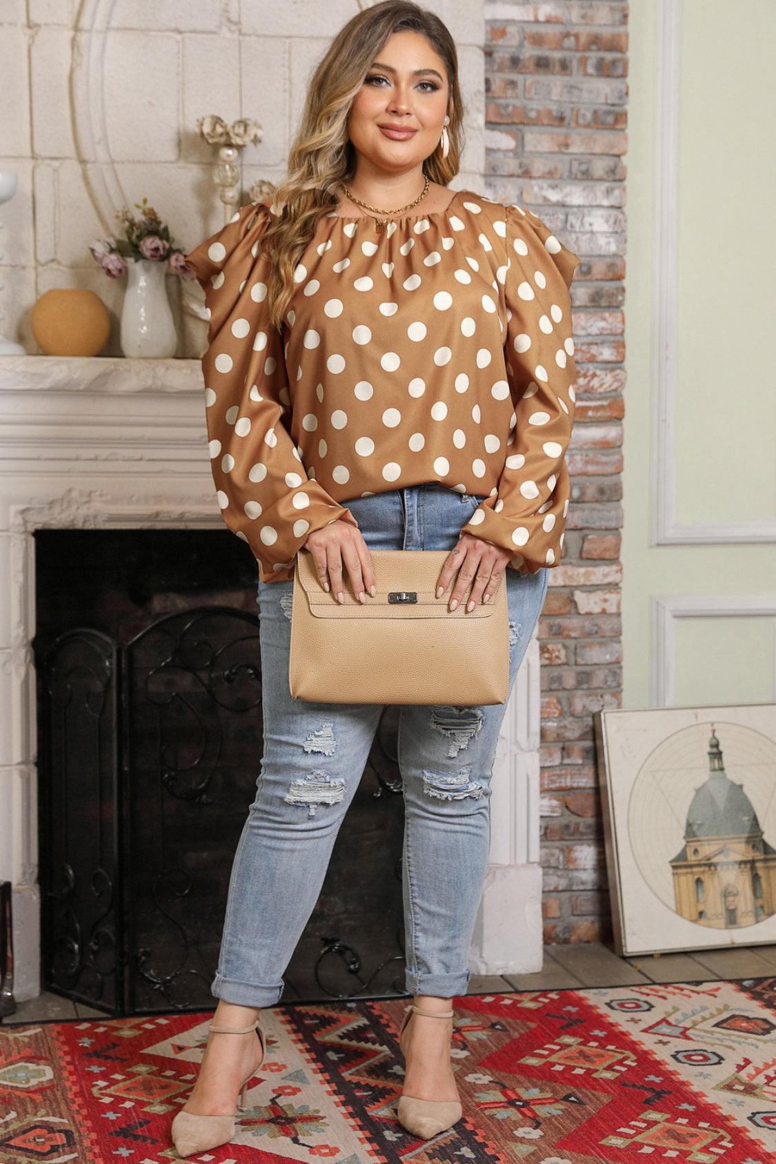 Plus Size Polka Dot Long Sleeve Blouse - The Goddess Galleries