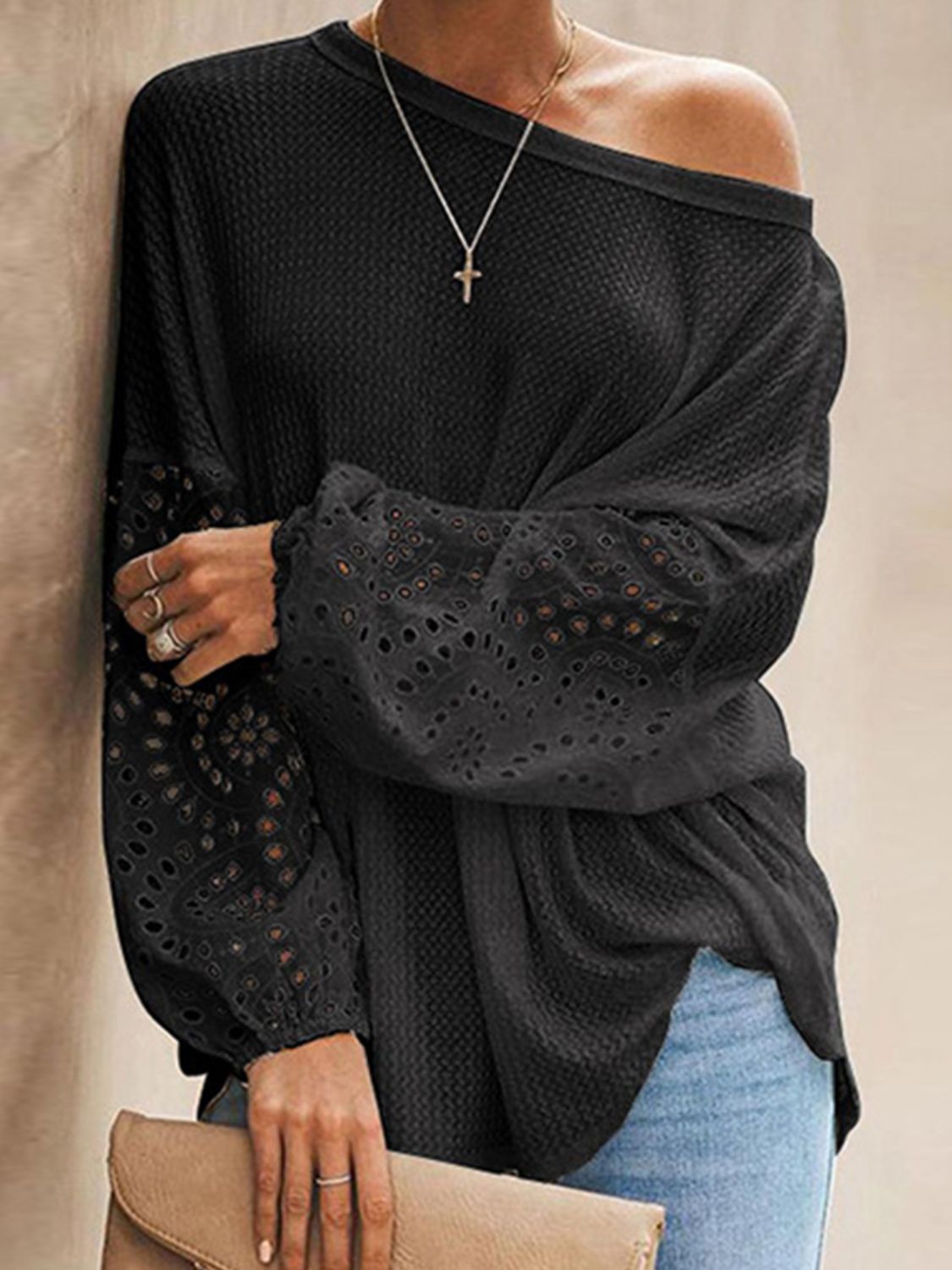Shiny Openwork Dropped Shoulder Boat Neck Blouse - The Goddess Galleries