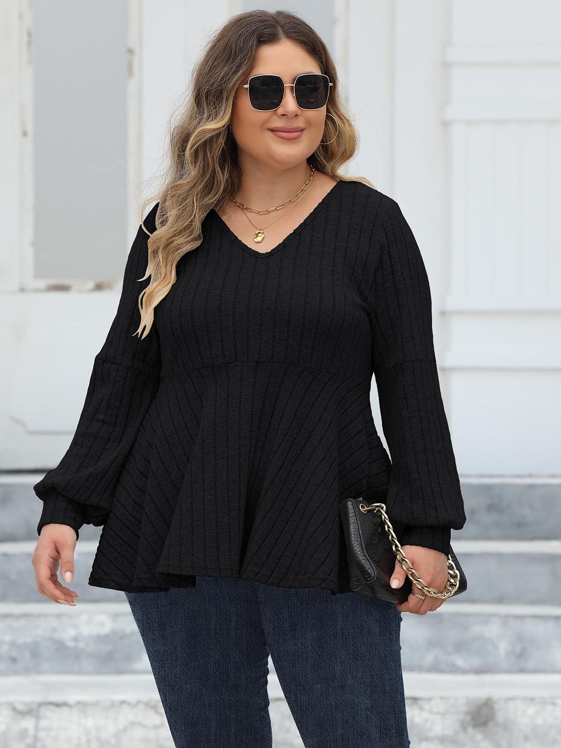 Plus Size Ribbed V-Neck Long Sleeve Blouse - The Goddess Galleries