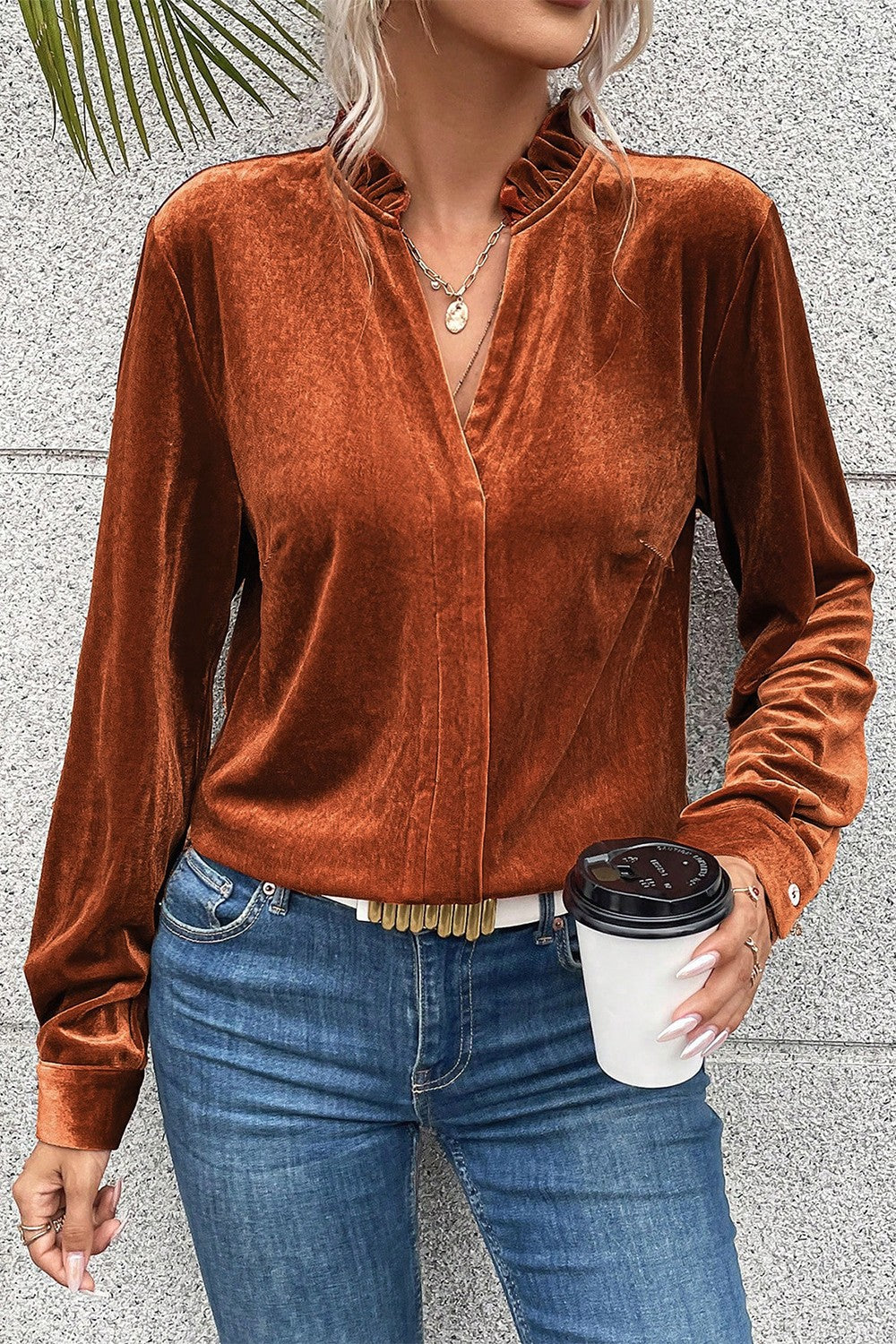 Notched Frill Detail Long Sleeve Blouse - The Goddess Galleries