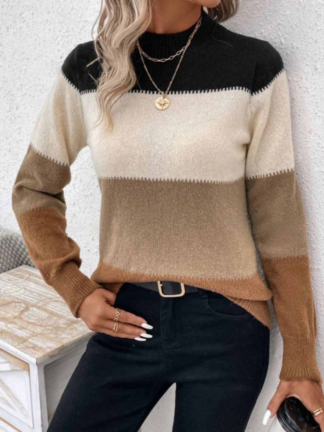 Color Block Mock Neck Long Sleeve Sweater - The Goddess Galleries