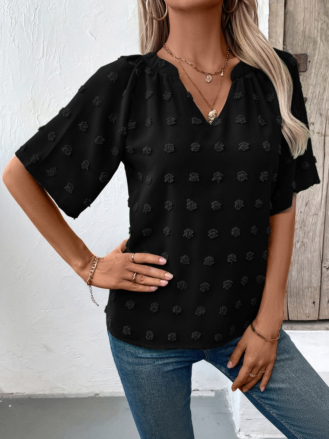 Ivy Lane Swiss Dot Notched Half Sleeve Blouse - The Goddess Galleries