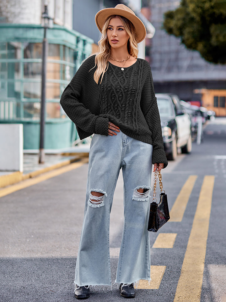 Round Neck Cable-Knit Sweater - The Goddess Galleries