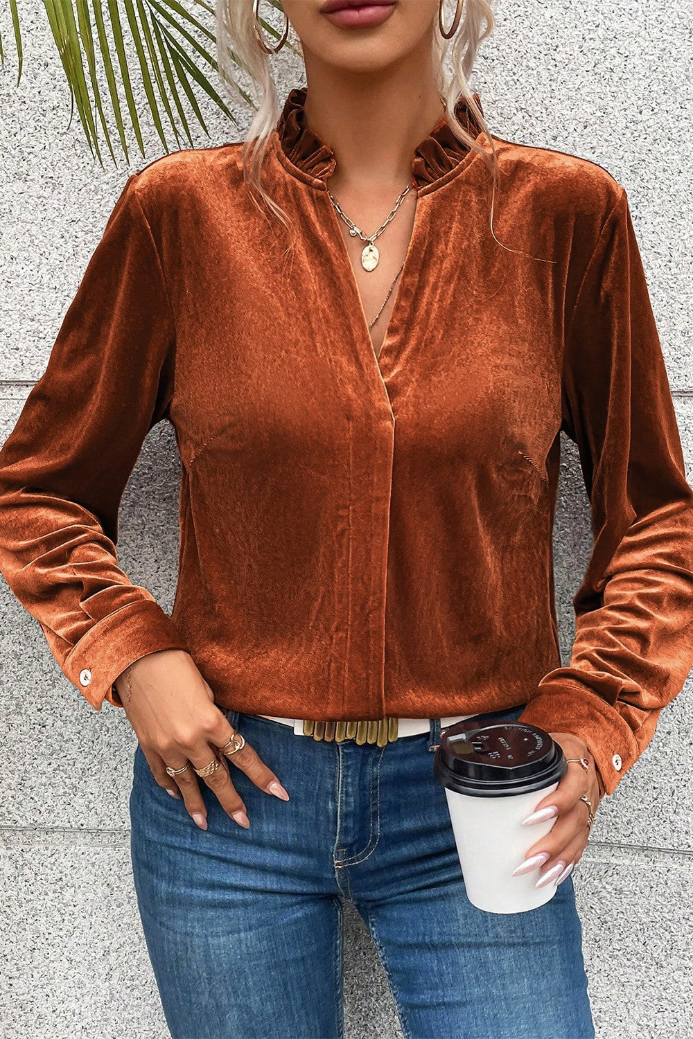 Notched Frill Detail Long Sleeve Blouse - The Goddess Galleries