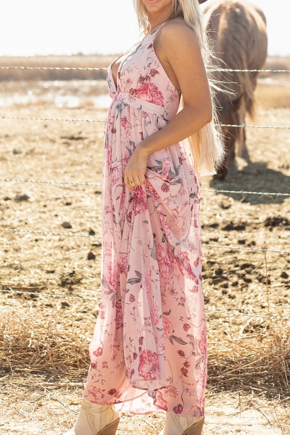 Floral Pleated Deep V Backless Maxi Dress - The Goddess Galleries