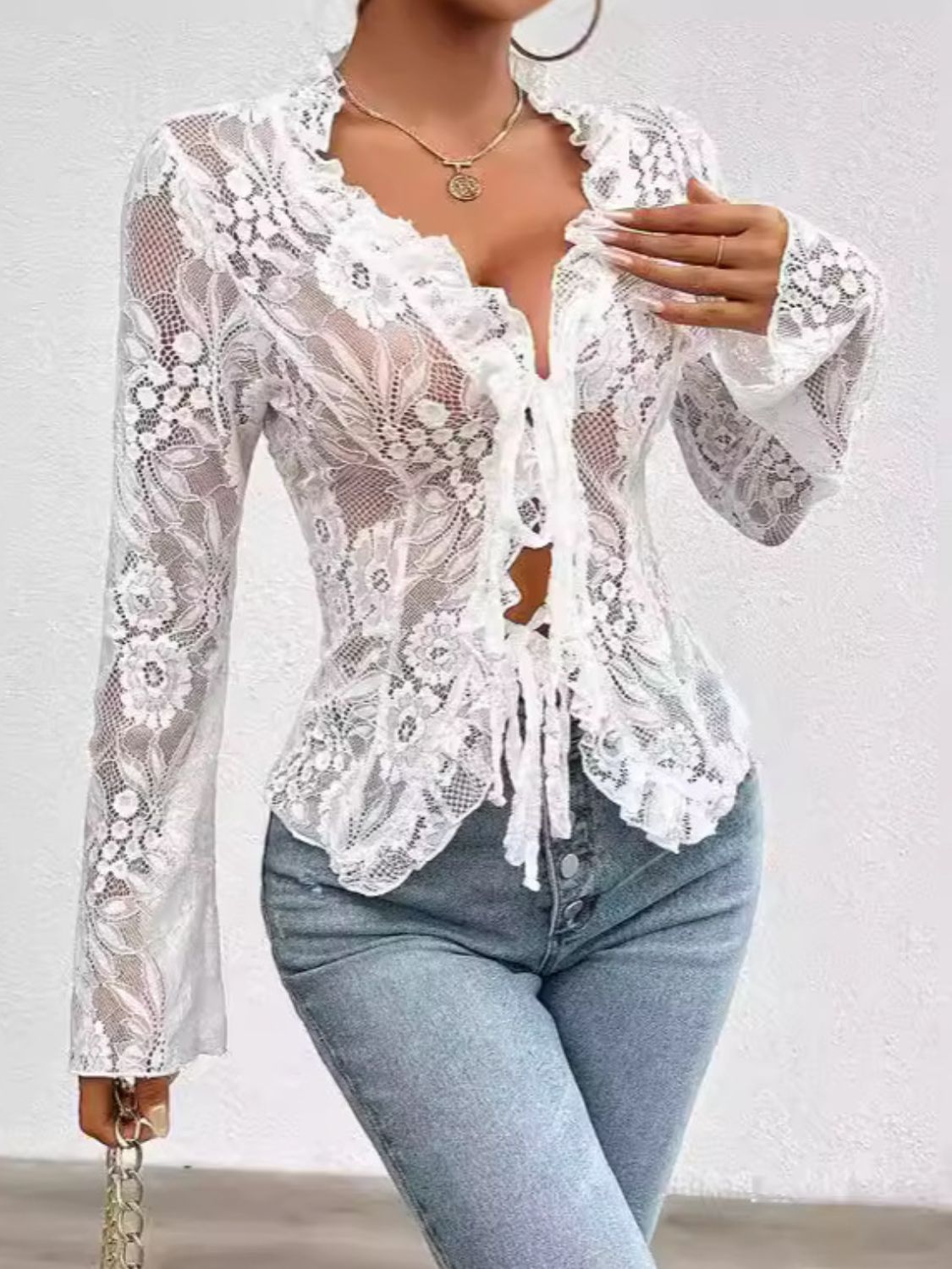 Tied V-Neck Long Sleeve Lace Top - The Goddess Galleries