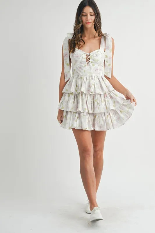 MABLE Floral Print Shoulder Tie Layered Mini Dress - The Goddess Galleries