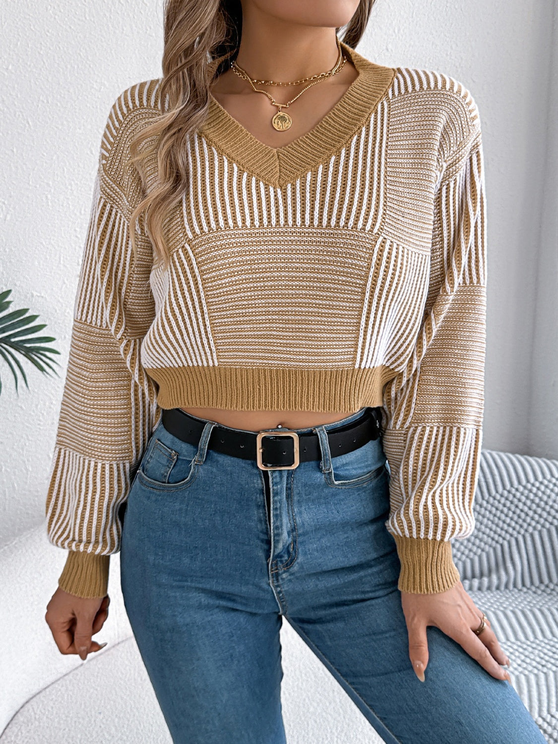 Striped V-Neck Long Sleeve Sweater - The Goddess Galleries