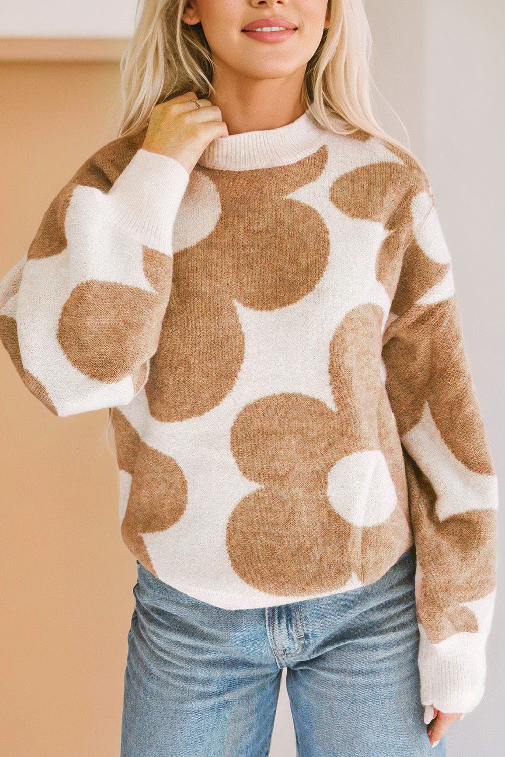 Contrast Flower Mock Neck Long Sleeve Sweater - The Goddess Galleries
