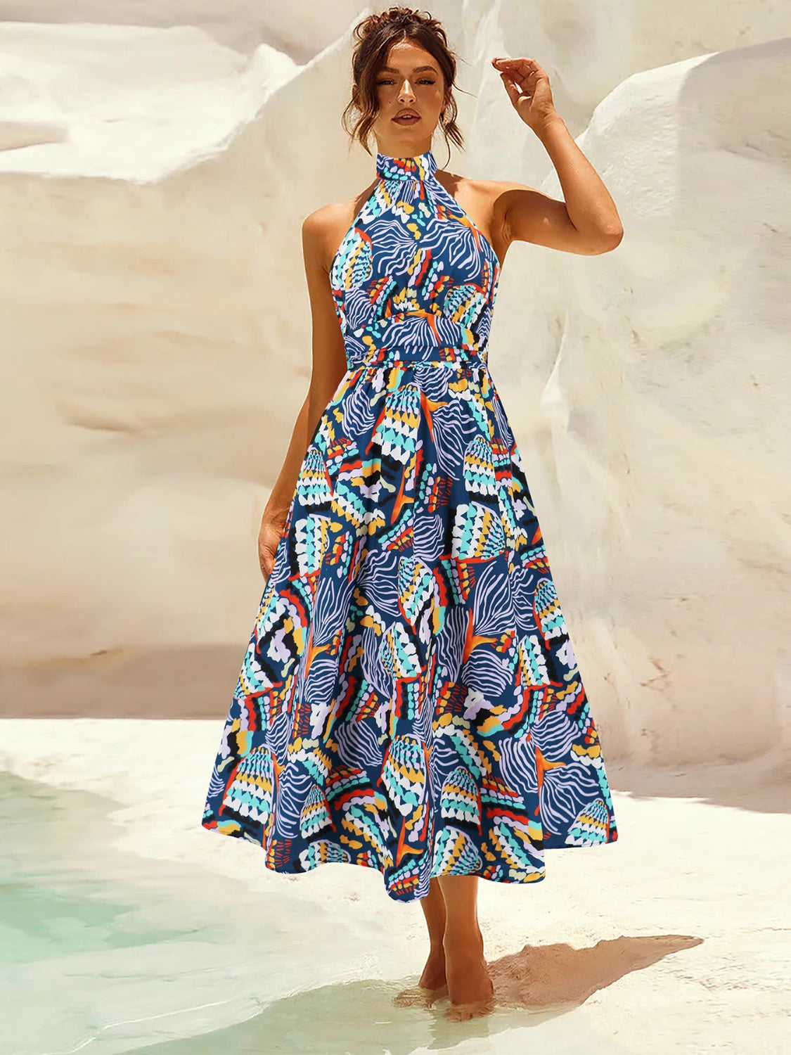 Ruched Printed Halter Neck Dress - The Goddess Galleries
