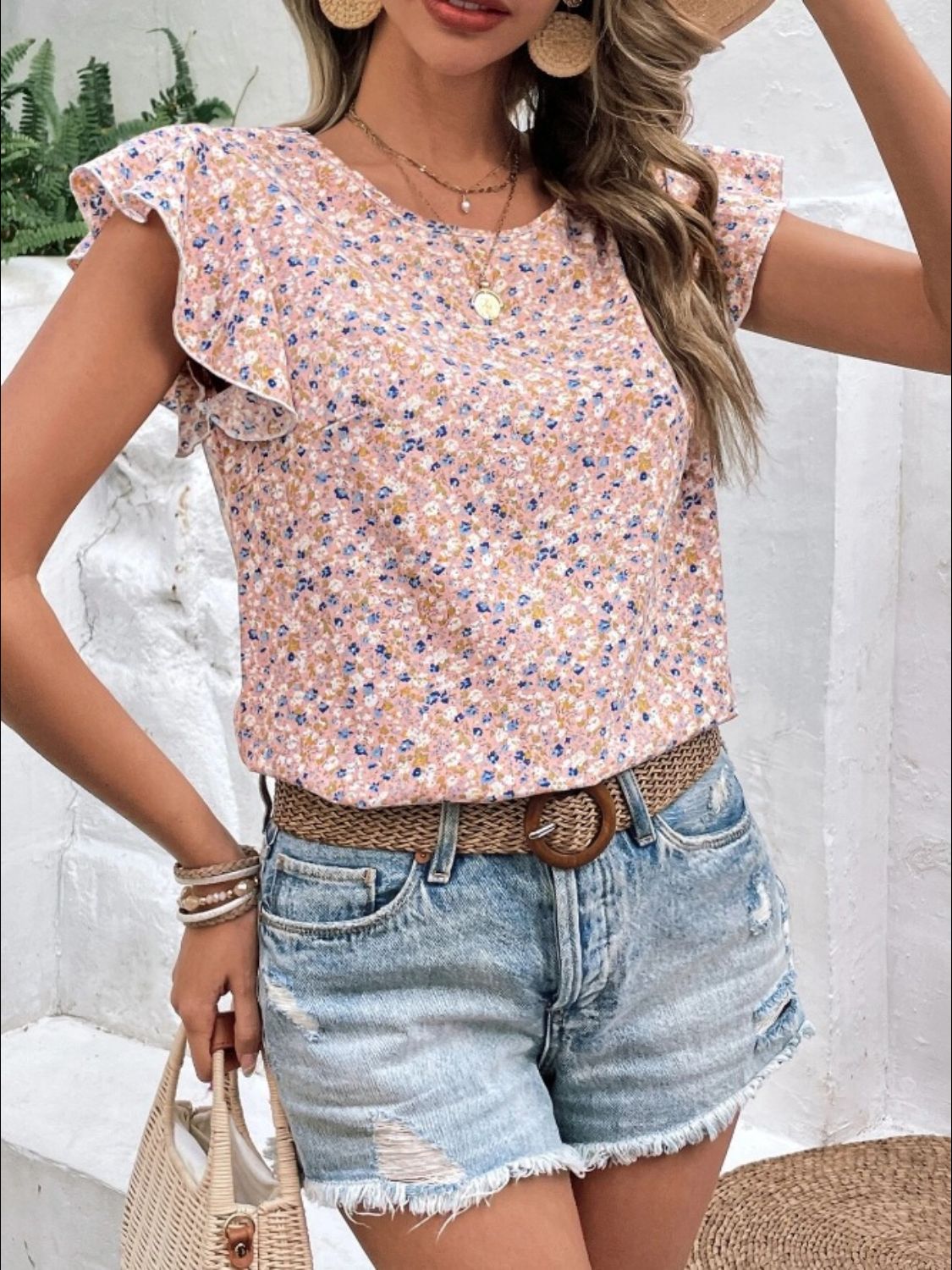Ditsy Floral Round Neck Cap Sleeve Top - The Goddess Galleries
