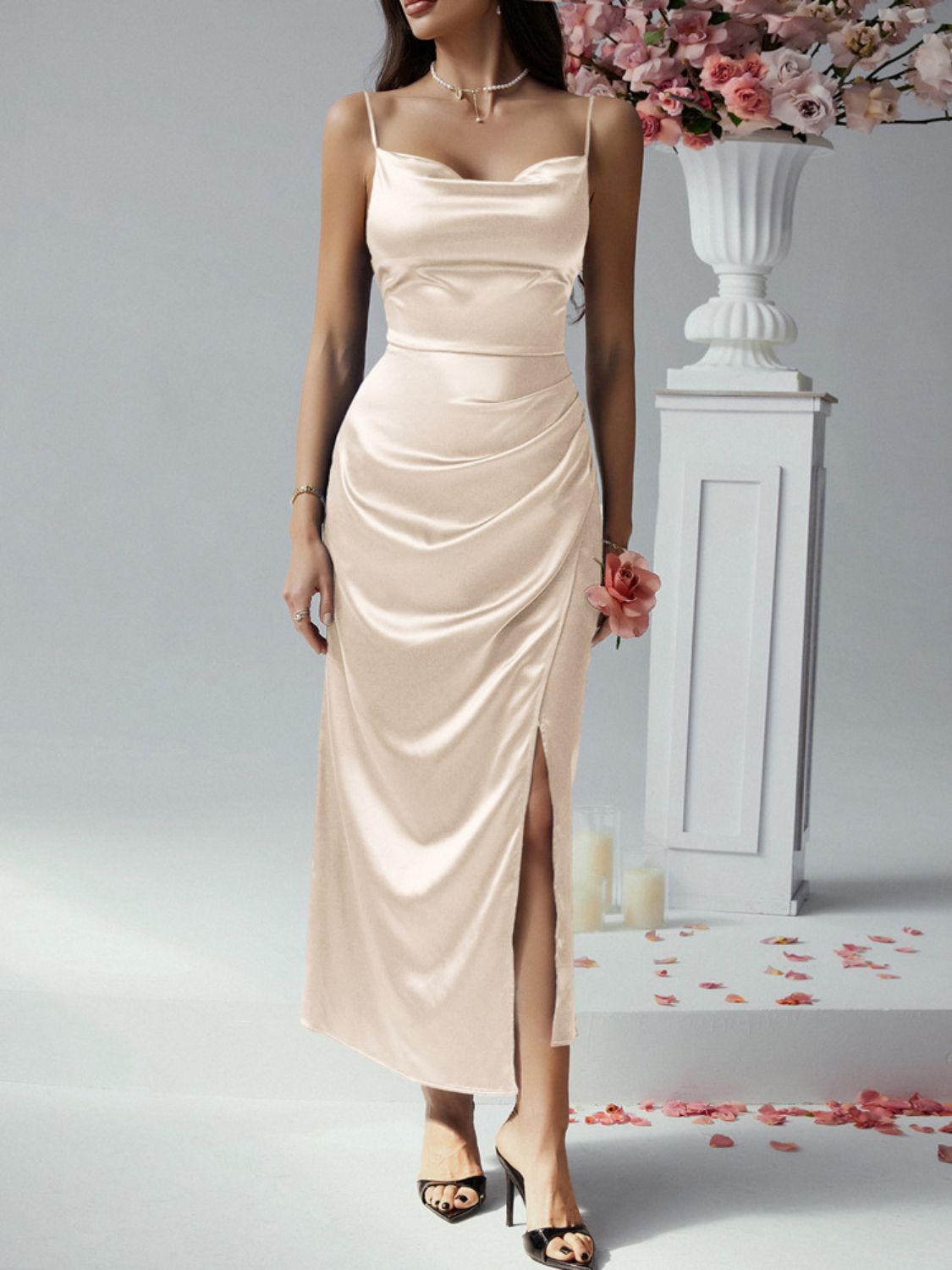 Devine Slit Ruched Maxi Cami Dress - The Goddess Galleries