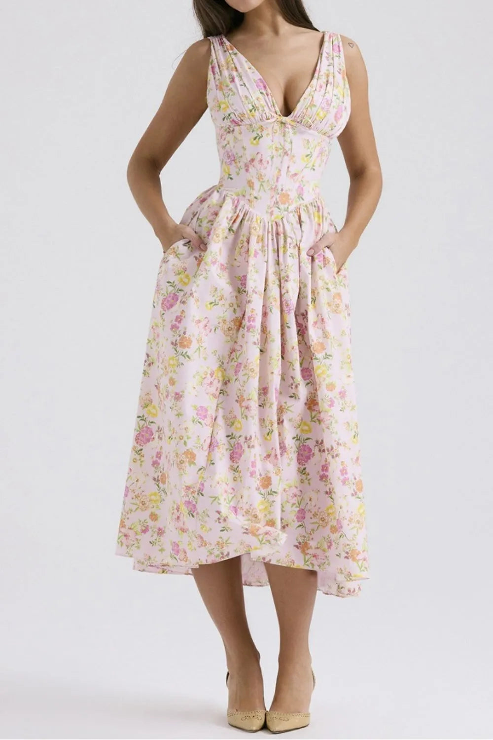 Floral V-Neck Sleeveless Midi Dress with Pockets - The Goddess Galleries