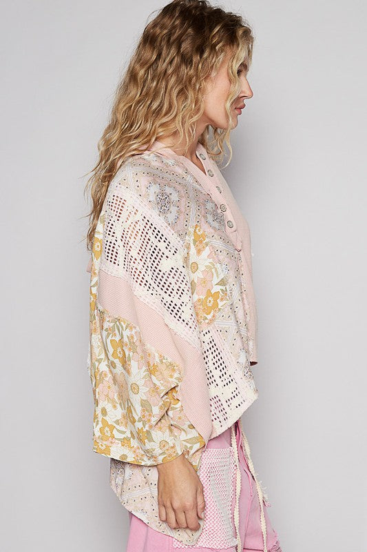 POL Crochet Patch Lace Detail Button Detail Floral Hooded Top - The Goddess Galleries