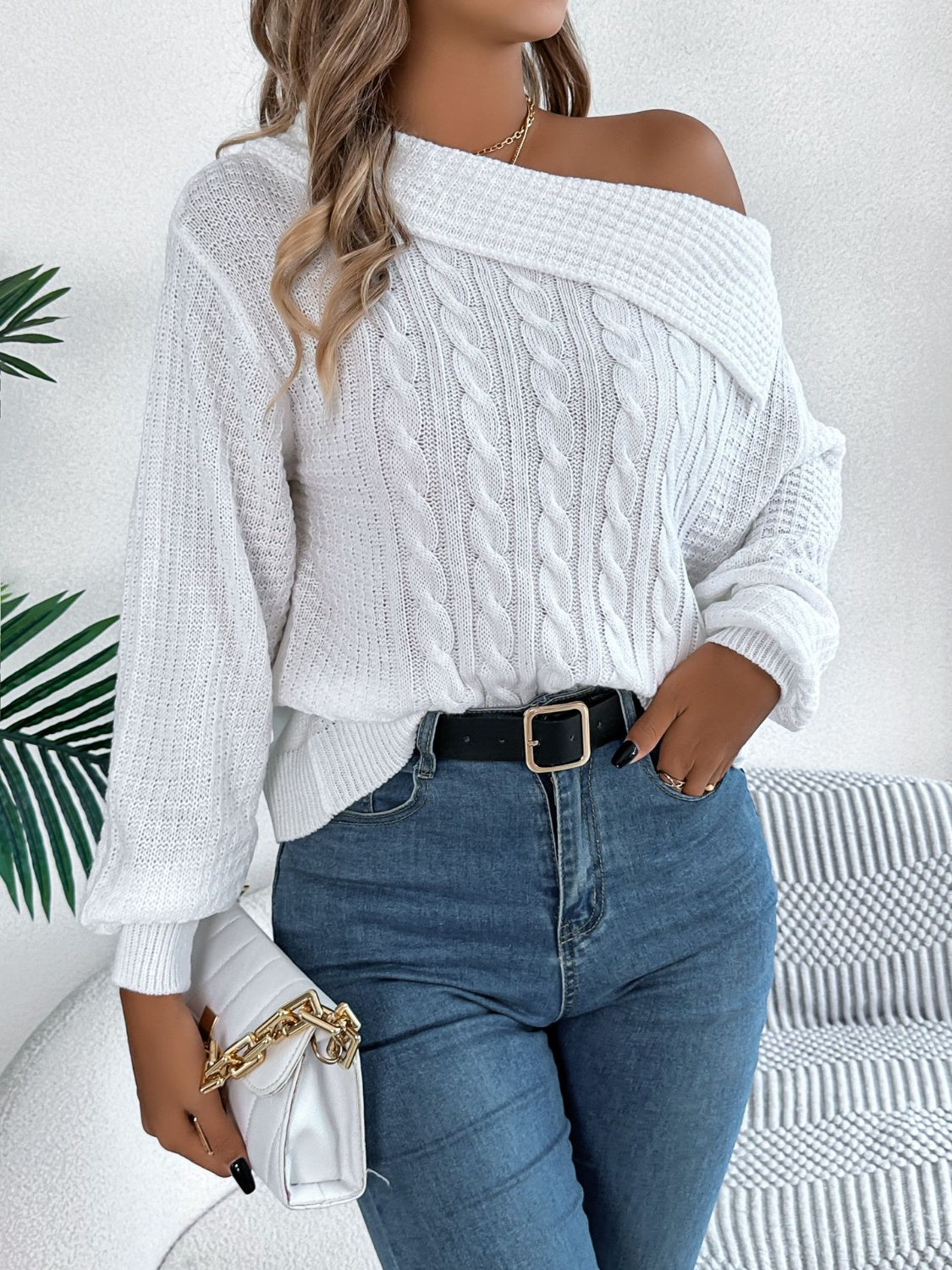 Cable-Knit One Shoulder Long Sleeve Sweater - The Goddess Galleries