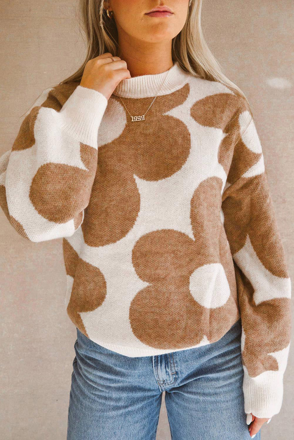 Contrast Flower Mock Neck Long Sleeve Sweater - The Goddess Galleries