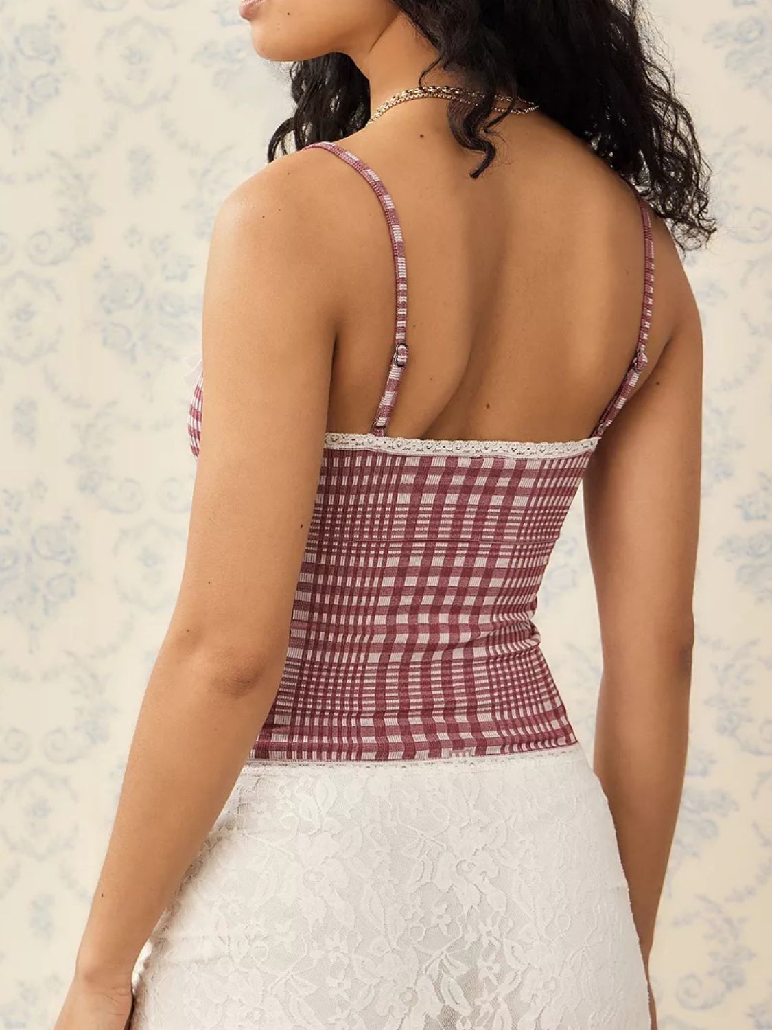 Lace Detail Plaid Square Neck Cami - The Goddess Galleries