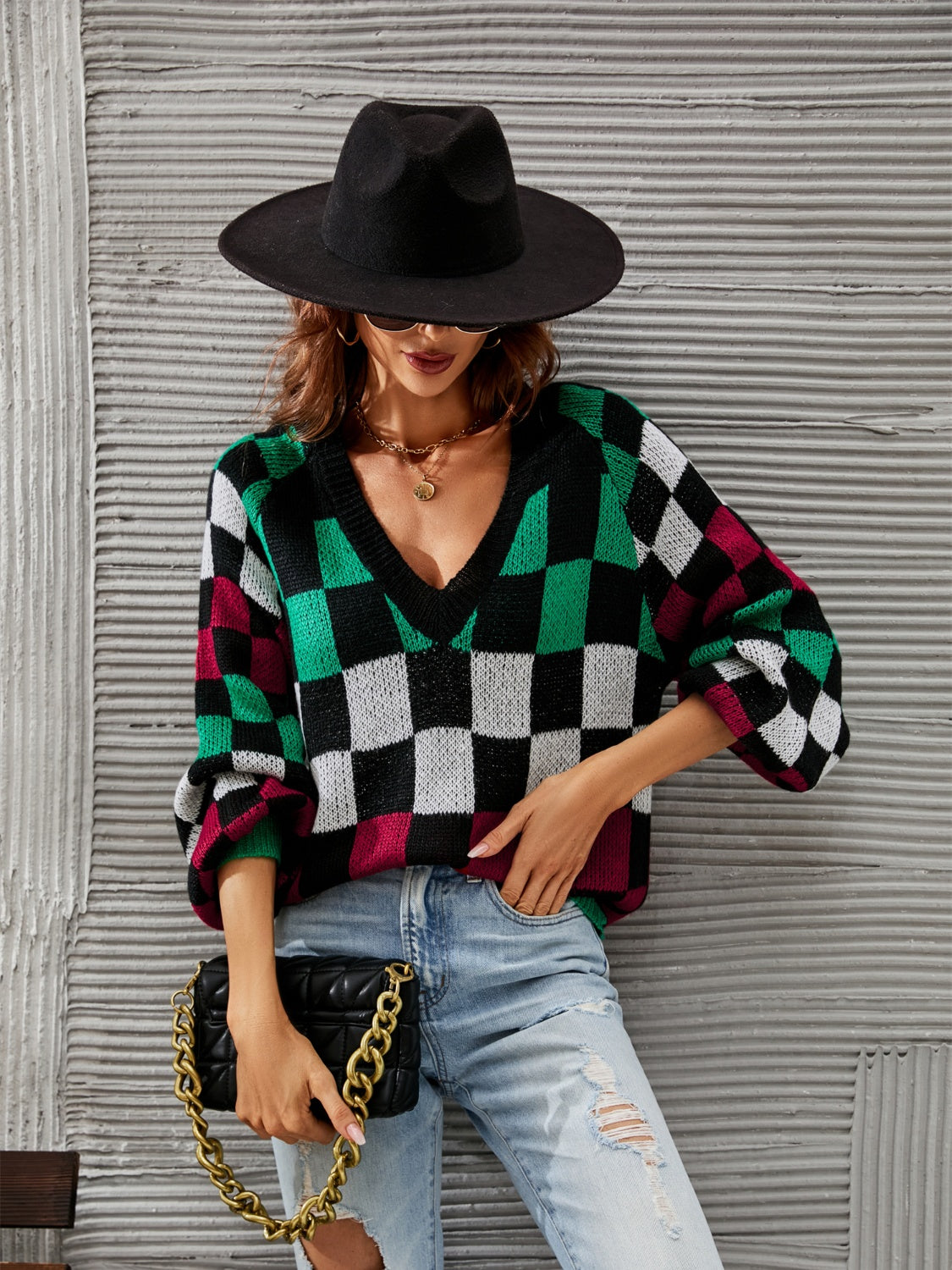 Angel Wings Checkered V-Neck Lantern Sleeve Sweater - The Goddess Galleries
