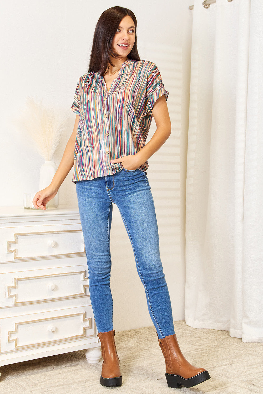 Shiny Multicolored Stripe Notched Neck Top - The Goddess Galleries