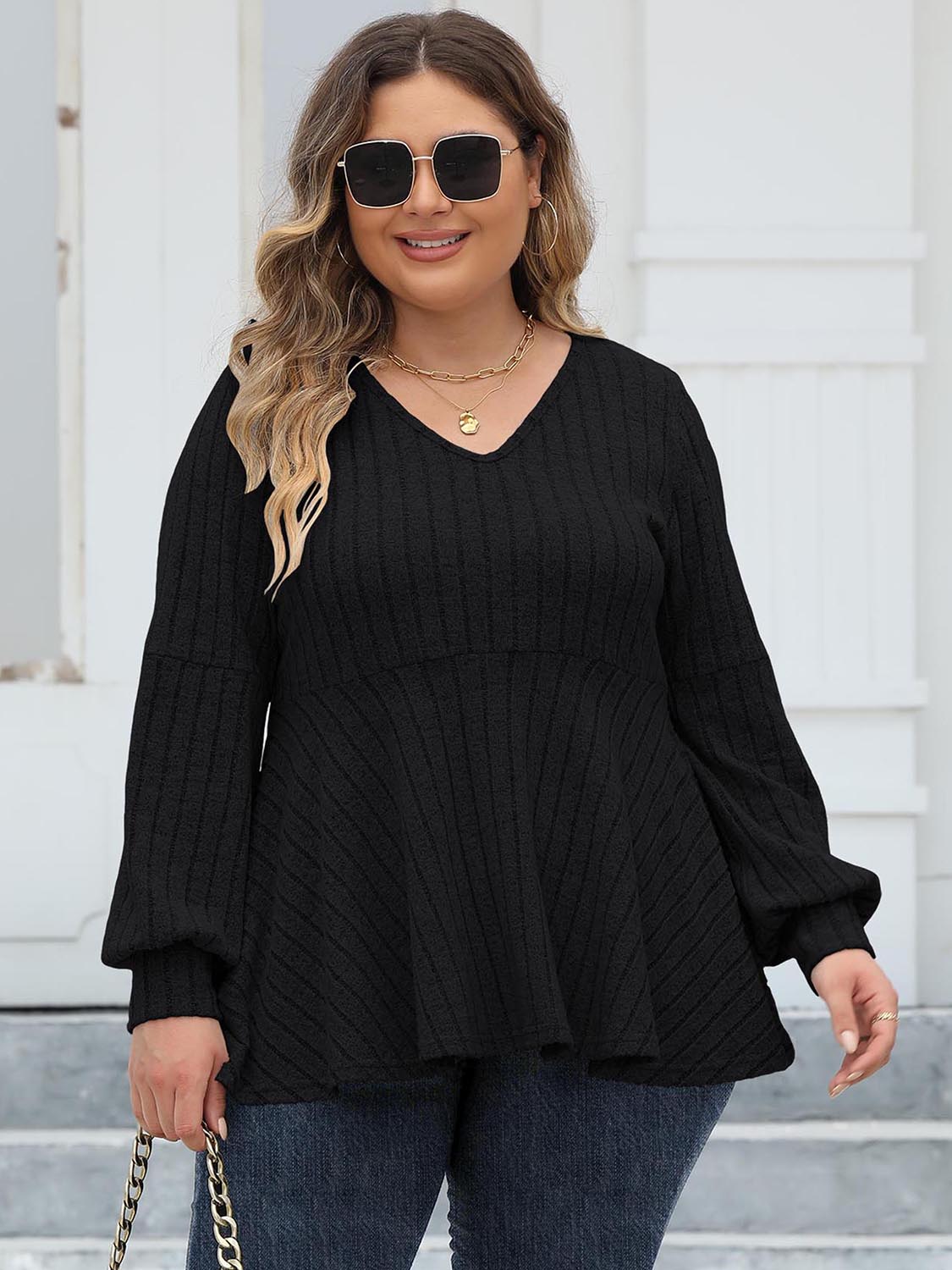 Plus Size Ribbed V-Neck Long Sleeve Blouse - The Goddess Galleries