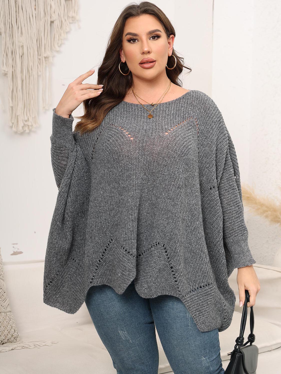 Plus Size Round Neck Batwing Sleeve Sweater - The Goddess Galleries