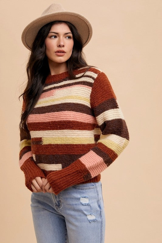 Annie Wear Color Block Round Neck Long Sleeve Sweater - The Goddess Galleries
