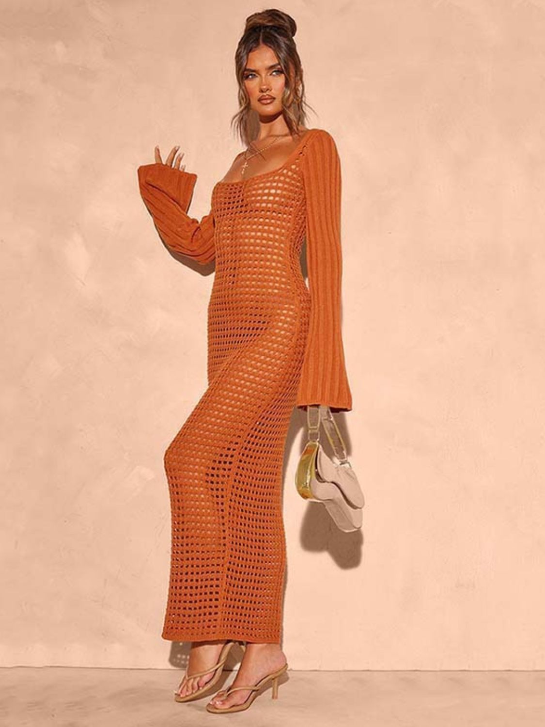 Openwork Square Neck Flare Sleeve Cover-Up Dress - The Goddess Galleries