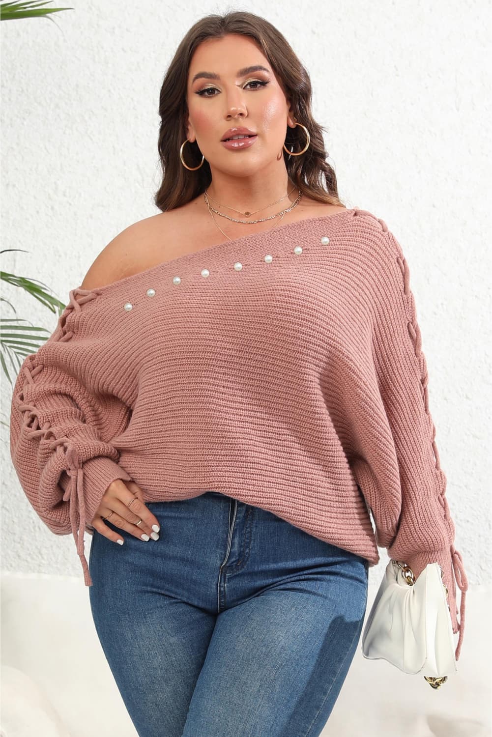 Plus Size One Shoulder Beaded Sweater - The Goddess Galleries