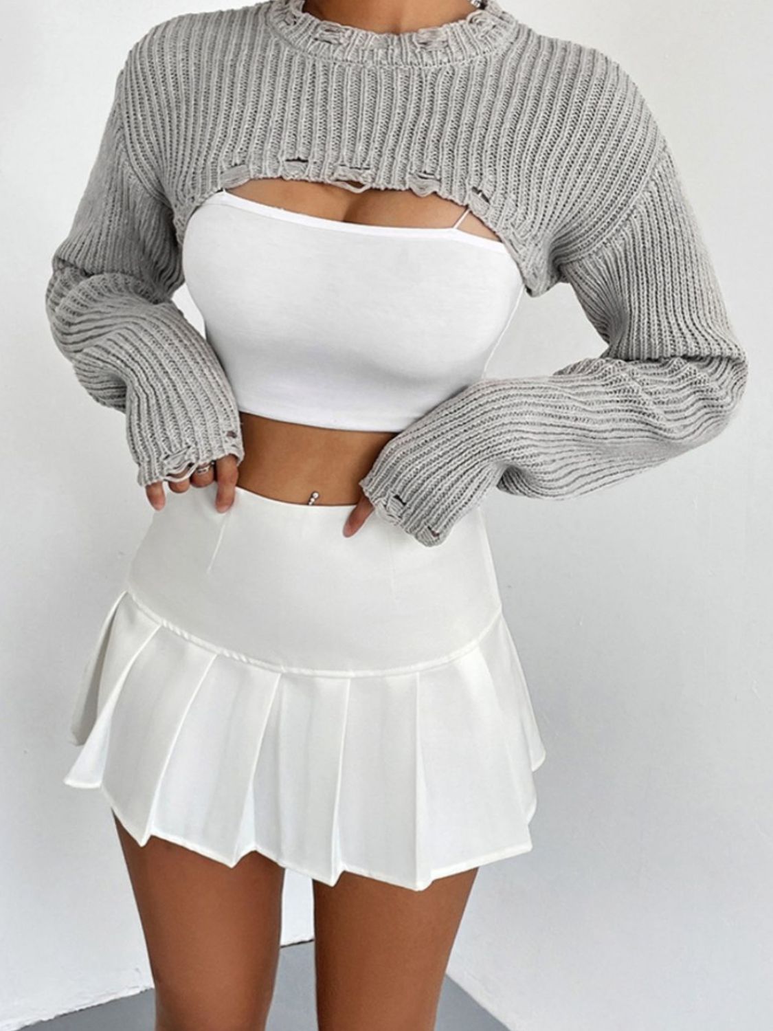 Distressed Long Sleeve Cropped Sweater - The Goddess Galleries