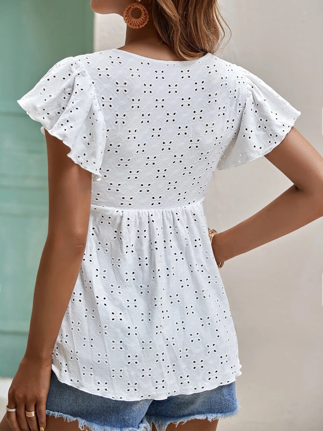 Eyelet Tie Neck Cap Sleeve Blouse - The Goddess Galleries