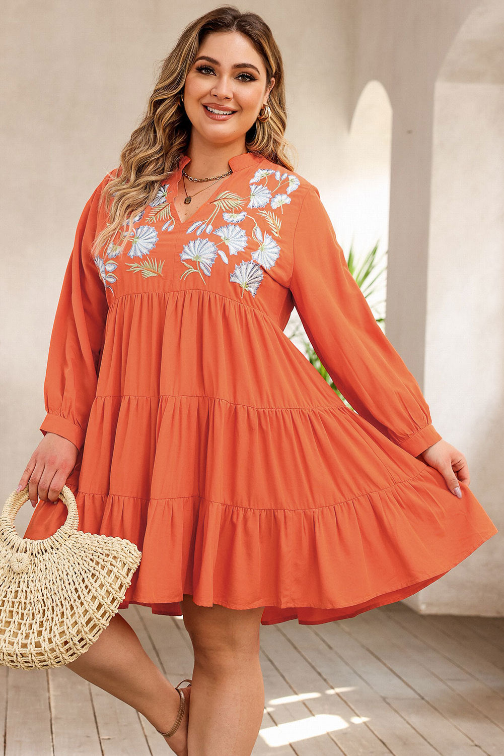Plus Size Notched Neck Printed Long Sleeve Mini Dress - The Goddess Galleries
