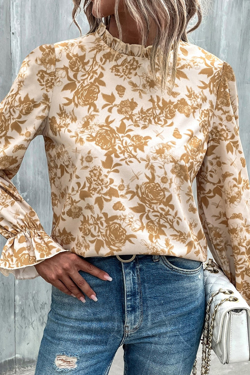 Floral Print Mock Neck Flounce Sleeve Blouse - The Goddess Galleries