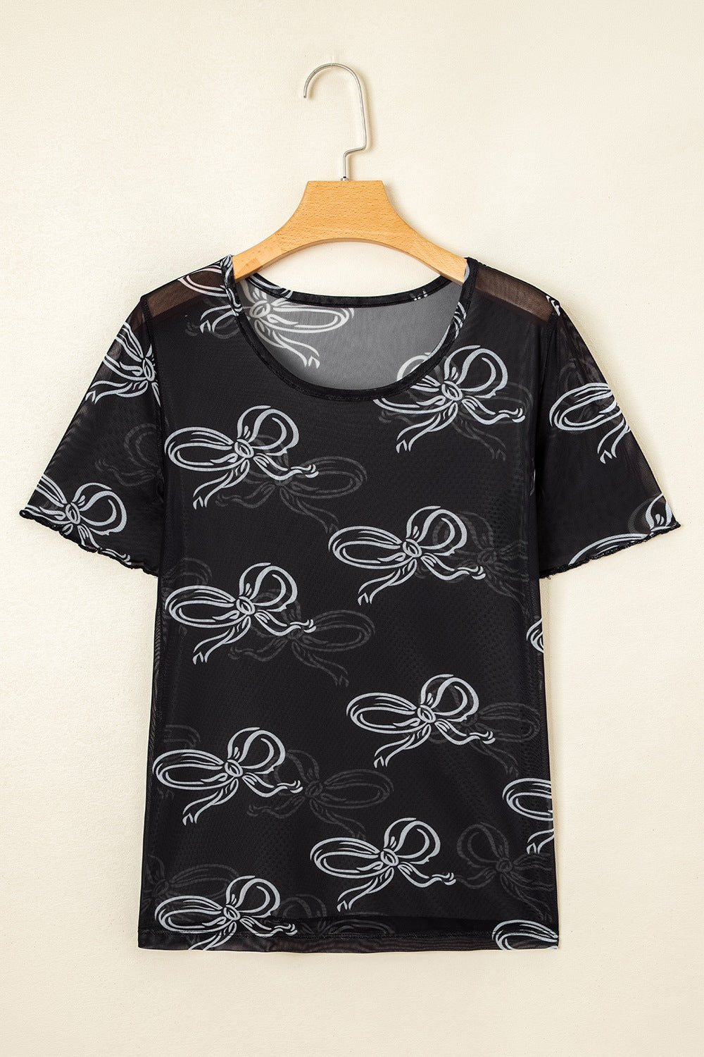 Bow Mesh Round Neck Short Sleeve T-Shirt - The Goddess Galleries