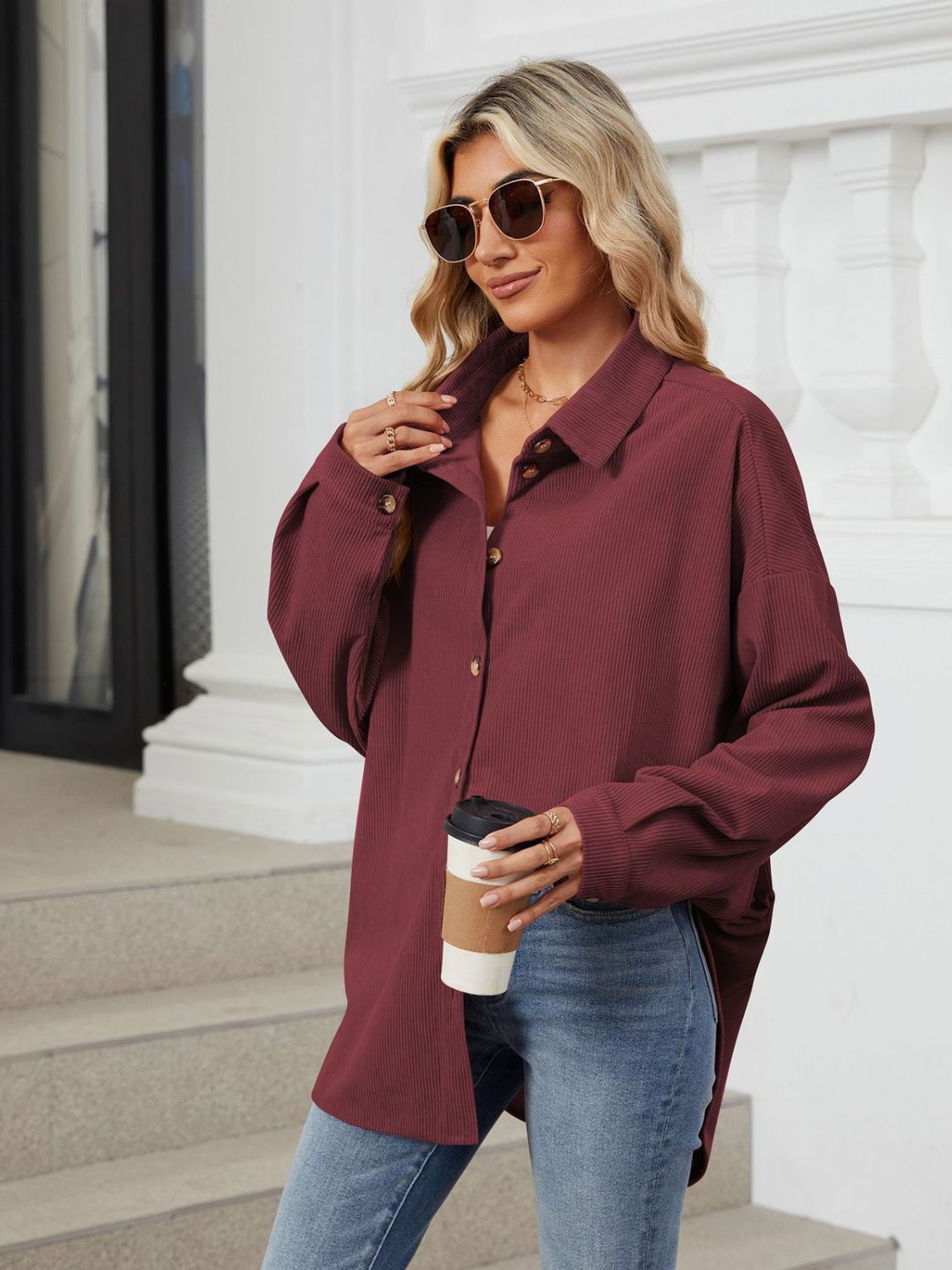 Collared Neck Long Sleeve Dropped Shoulder Shirt - The Goddess Galleries