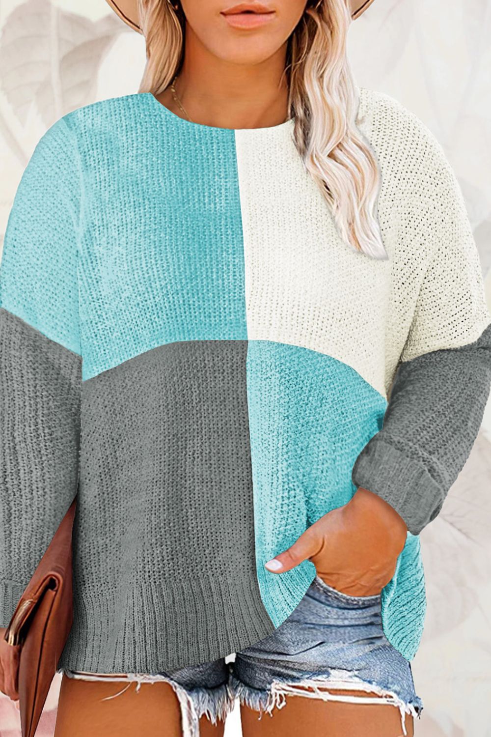 Plus Size Color Block Round Neck Sweater - The Goddess Galleries